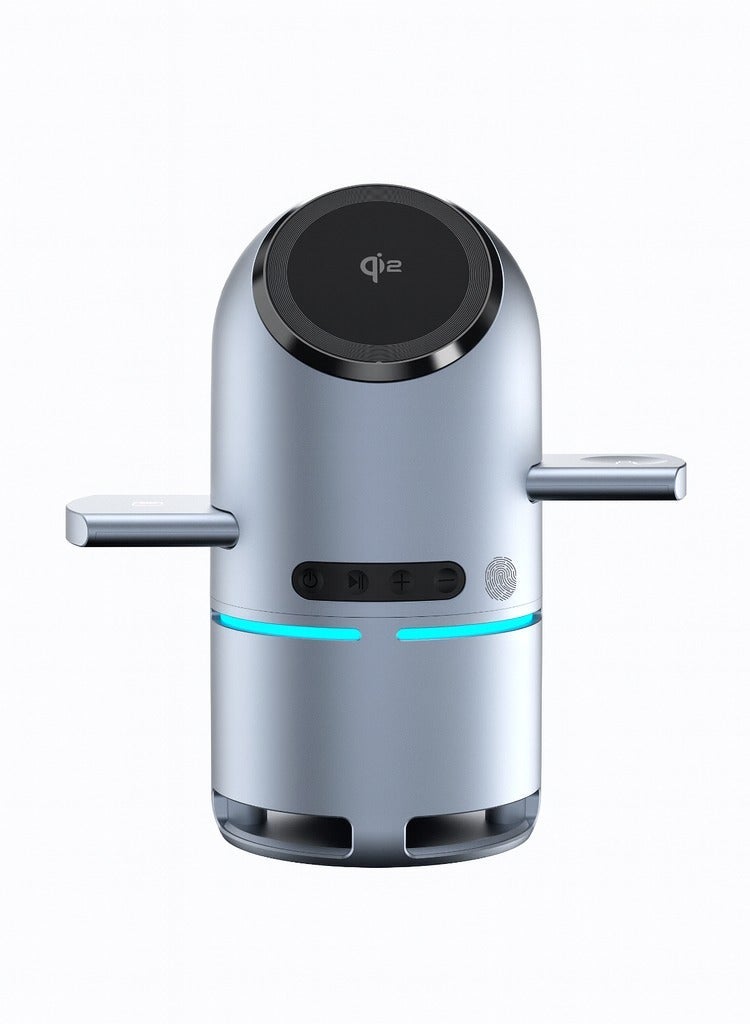 محطة شحن لاسلكية قياسية QI2 متعددة الوظائف 3 فى1 بلوتوث , سبيكر , مع حامل دوار مغناطيسى تلقائى لكل موديلات ايفون (ماجسيف) 12 ،13 ،14 ،15 ،16 ،17 , ايربودز برو ، ابل واتش ، سامسونج جلاكسي الترا - Image 1